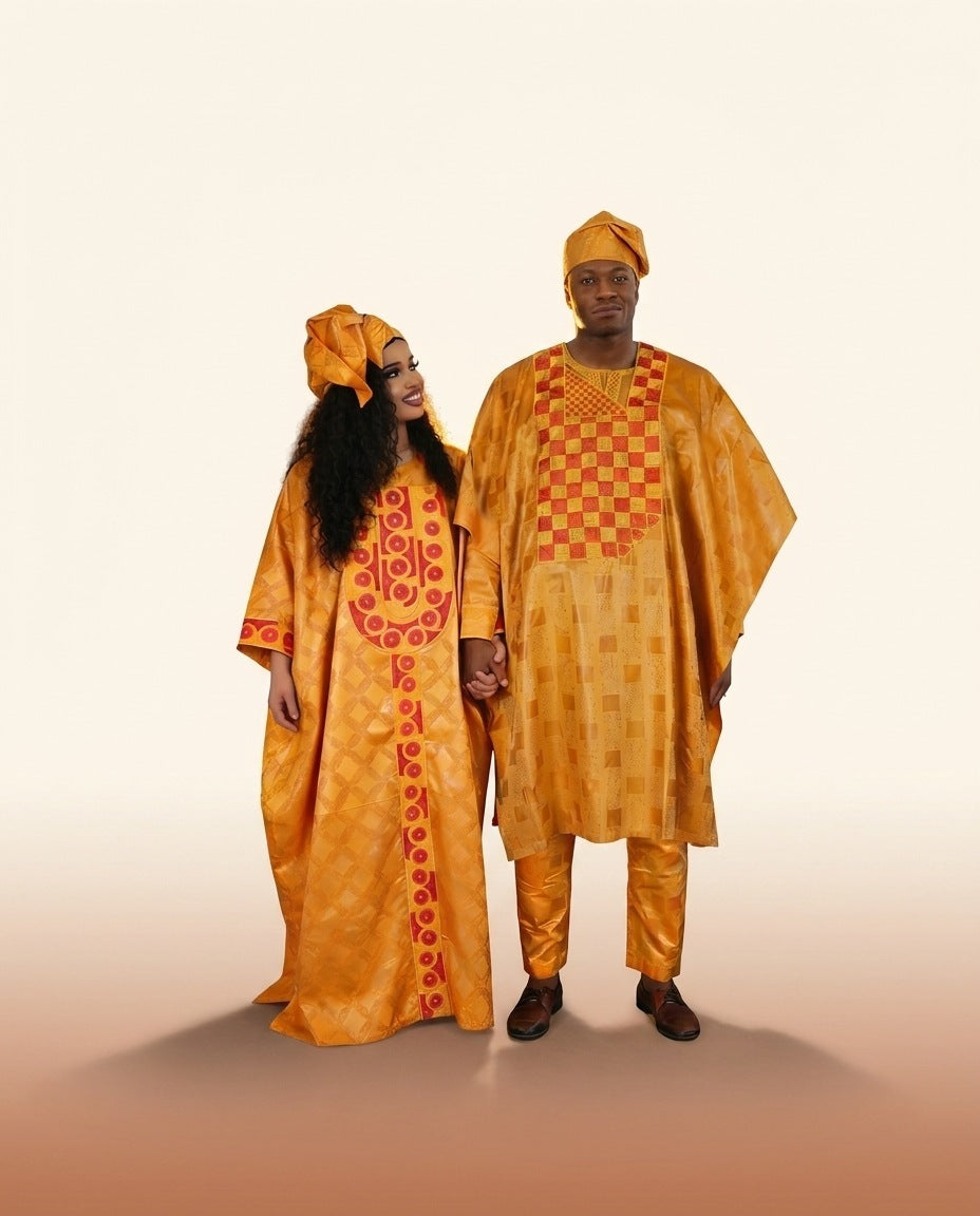 African Agbada Set - Yellow Embroidered Couple