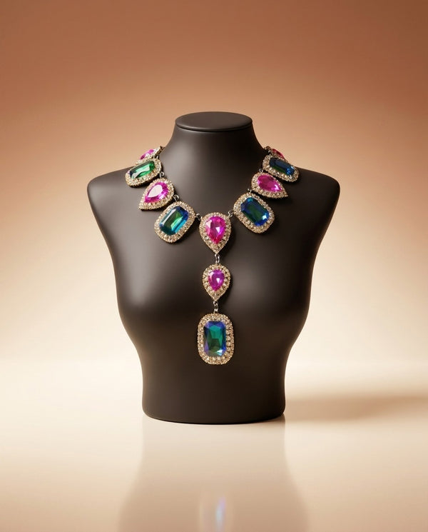 Teardrop Crystal Necklace Set - Statement Bridal in Silver Set