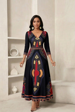 African Print V-Neck Maxi Dress - Bold Statement - view 2