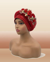 Bouquet Turban Auto Gele - Pre-Tied African Headwrap in Red