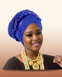 Ruffle Silk Auto Gele - Pre-Tied African Headwrap in Royal Blue