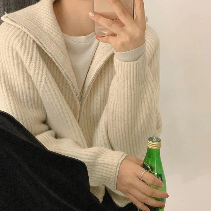 Zipper Knit Cardigan Womens Fashion Loose Outer Wear Lazy Sweater Jacket Top