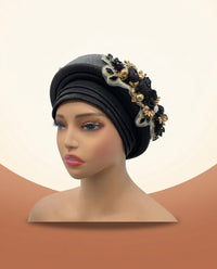 Floral Bouquet Auto Gele - Pre-Tied African Headwrap in Black II