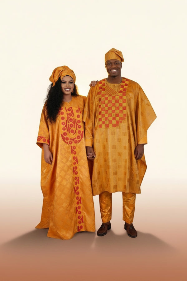 African Agbada Set - Yellow Embroidered Couple - view 4