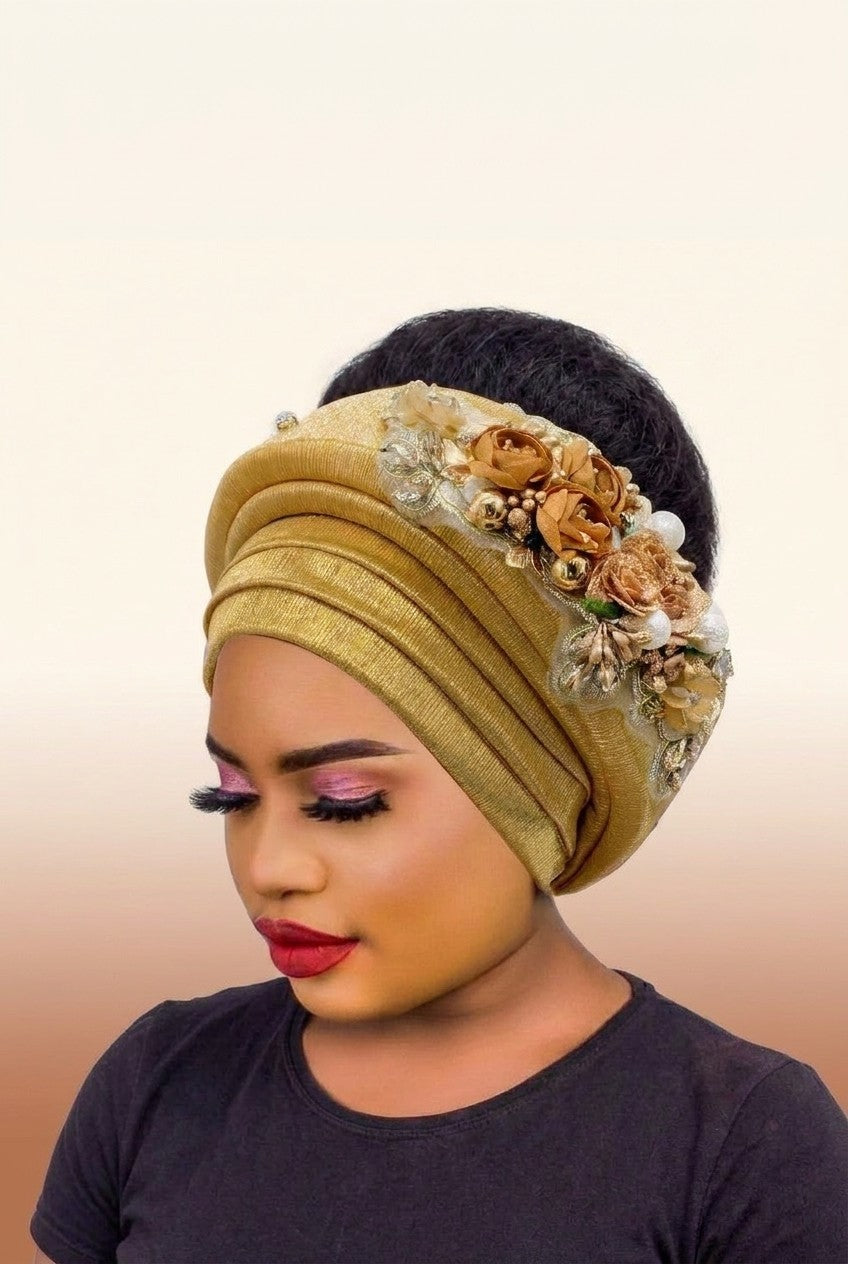 Bouquet Turban Auto Gele - Pre-Tied African Headwrap in Gold