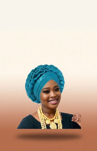 Ruffle Silk Auto Gele - Pre-Tied African Headwrap in Lake Blue