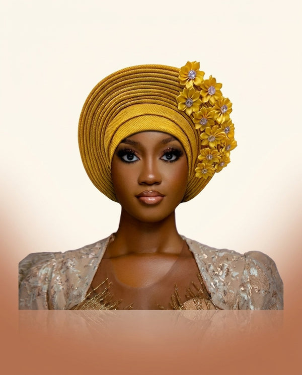 Pre-Tied Auto-Gele - Gold Floral - view 3