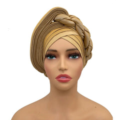 Khaki raw silk pre-tied auto gele head wrap