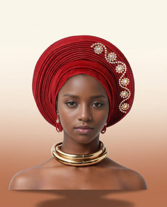 Crystal Trim Auto Gele - Pre-Tied African Headwrap in Red