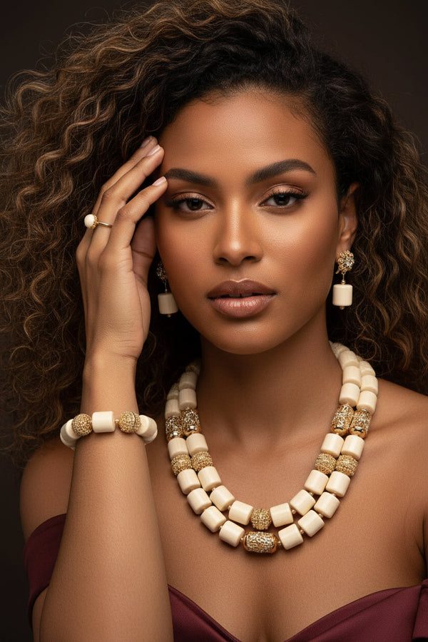 African Bead Jewelry Set - Statement Accessory in Ivory 1