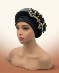Bouquet Turban Auto Gele - Pre-Tied African Headwrap in Black