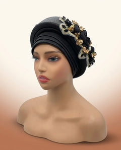 Bouquet Turban Auto Gele - Pre-Tied African Headwrap in Black