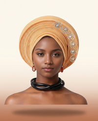Crystal Trim Auto Gele - Pre-Tied African Headwrap in Khaki Gold