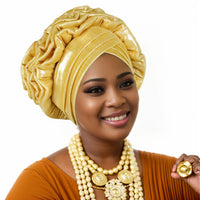 Ruffle Silk Auto Gele - Pre-Tied African Headwrap - Gold