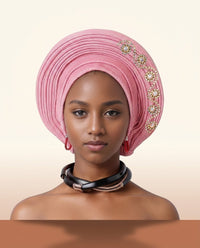 Crystal Trim Auto Gele - Pre-Tied African Headwrap in Pink