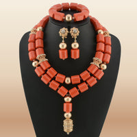 African Bead Jewelry Set - Statement Accessory in Coral 1