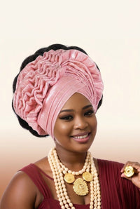Ruffle Silk Auto Gele - Pre-Tied African Headwrap in Pink