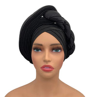 Black raw silk pre-tied auto gele head wrap
