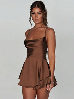 Brown Satin Slip Dress — Pleated Elegant Style - View 5 | ARINZE