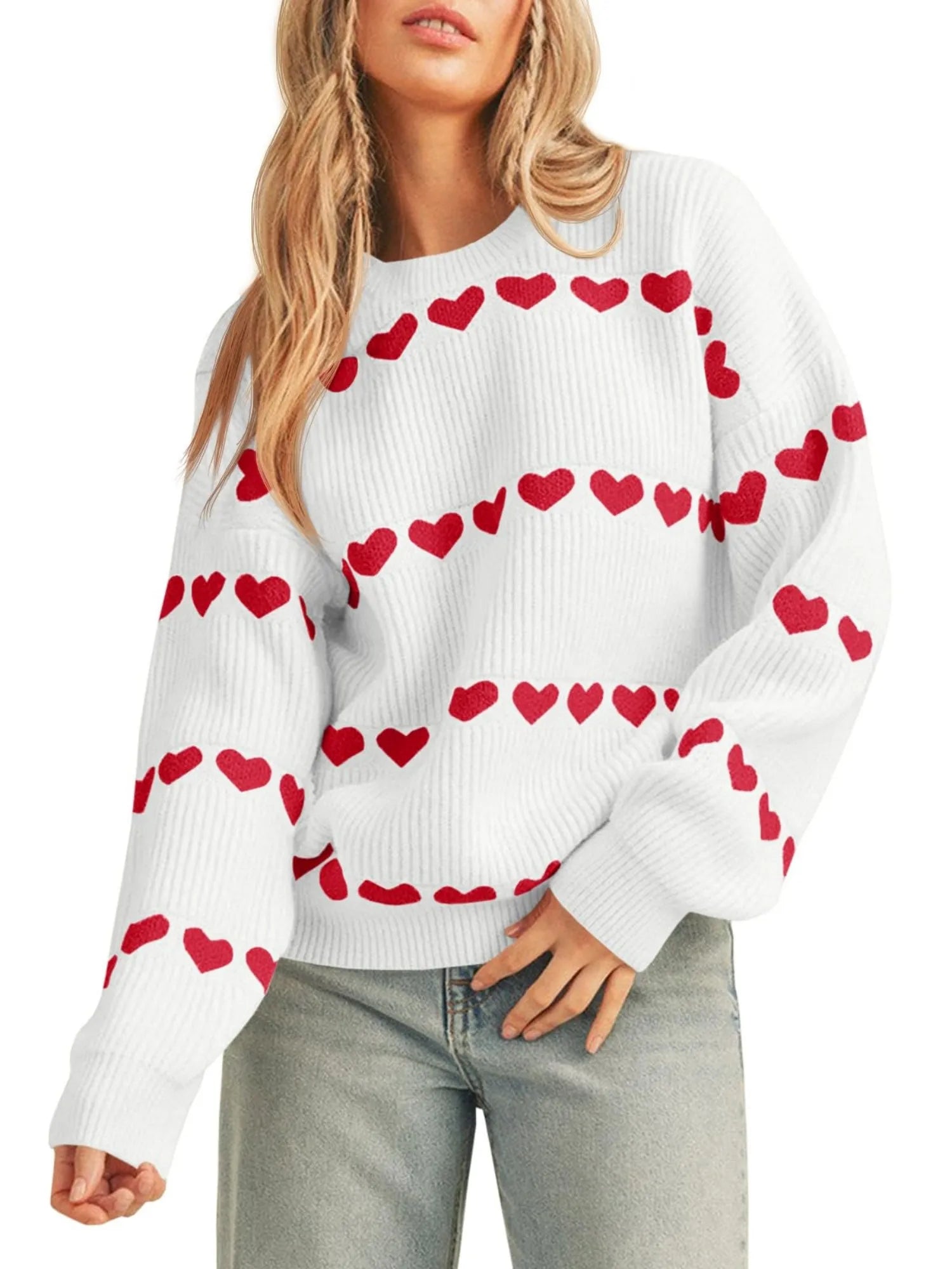 Women's Fall Winter Valentine Heart Striped Sweater
