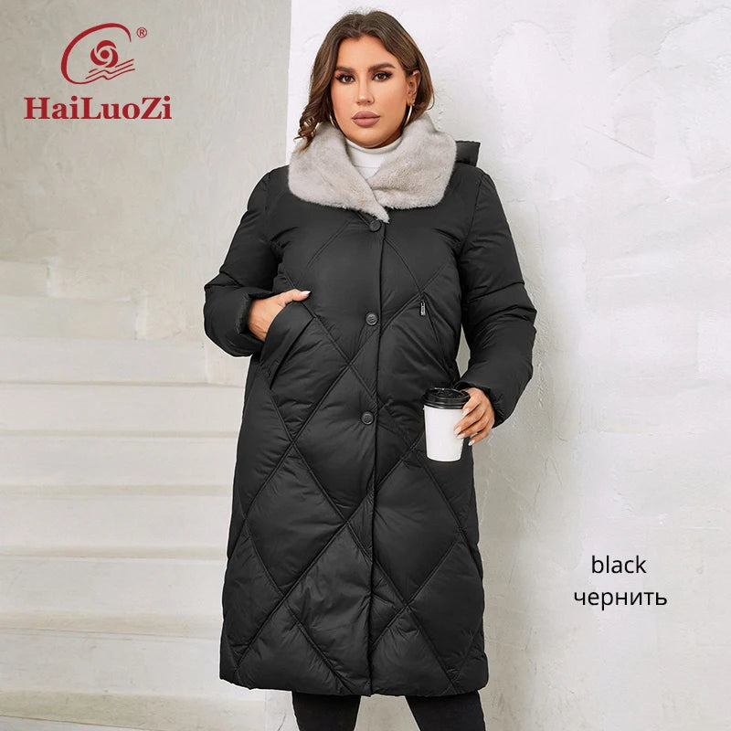 HaiLuoZi 2023 New Women's Winter Jackets Plus Size Long Warm Parkas Elegent Hooded With Fur Classic Quilted Coats Women1165