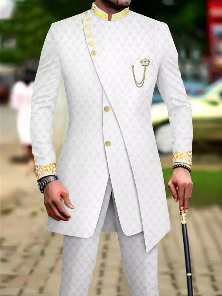 Men`s Suit Double Breasted Slim Fit Embroidery Chain Blazer and Pants Set