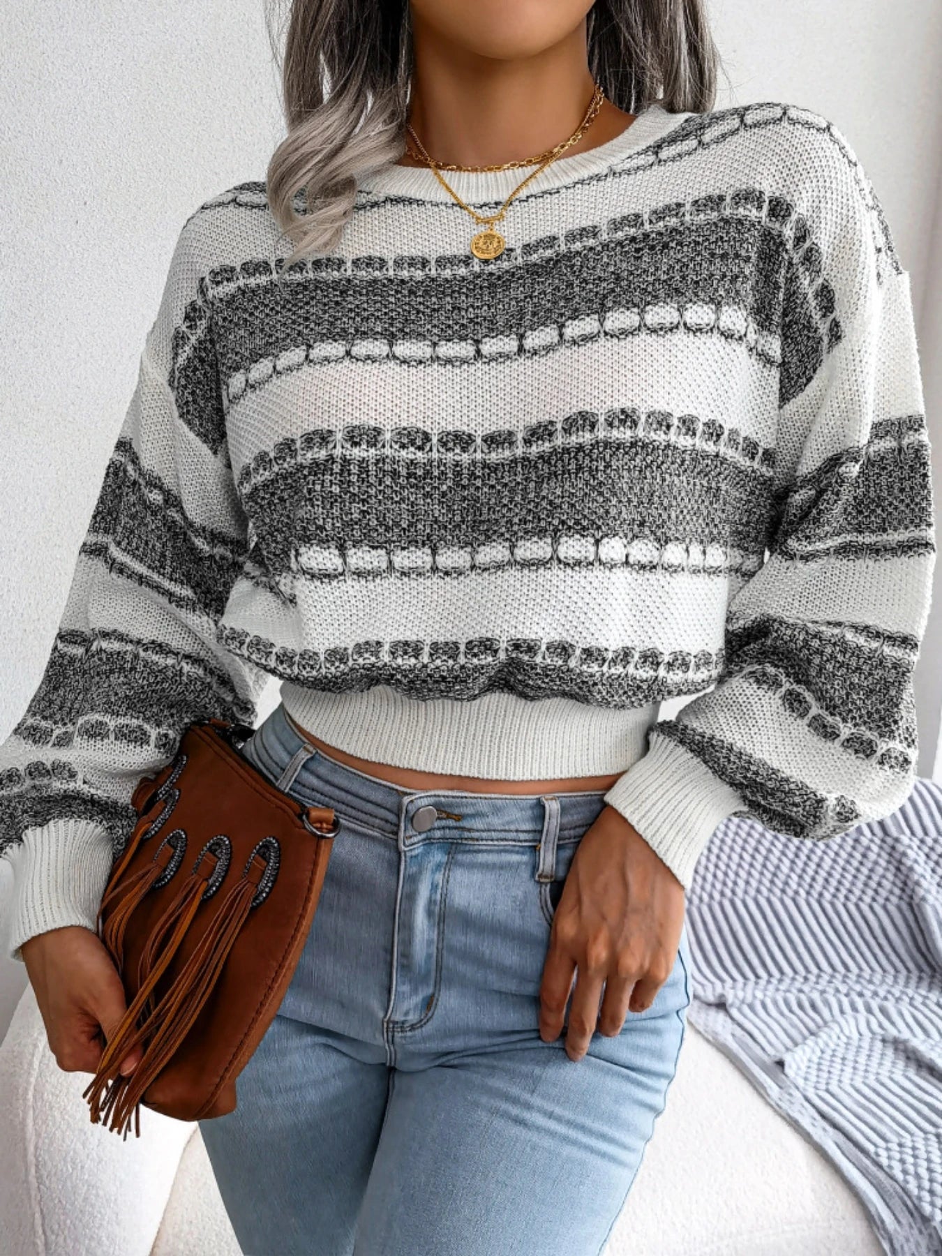 Winter Striped Sweater Colorblock Tie Waist Cropped Pullover Long Sleeve