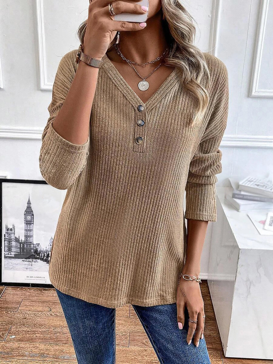 Spring and autumn button ribbed knitted tops