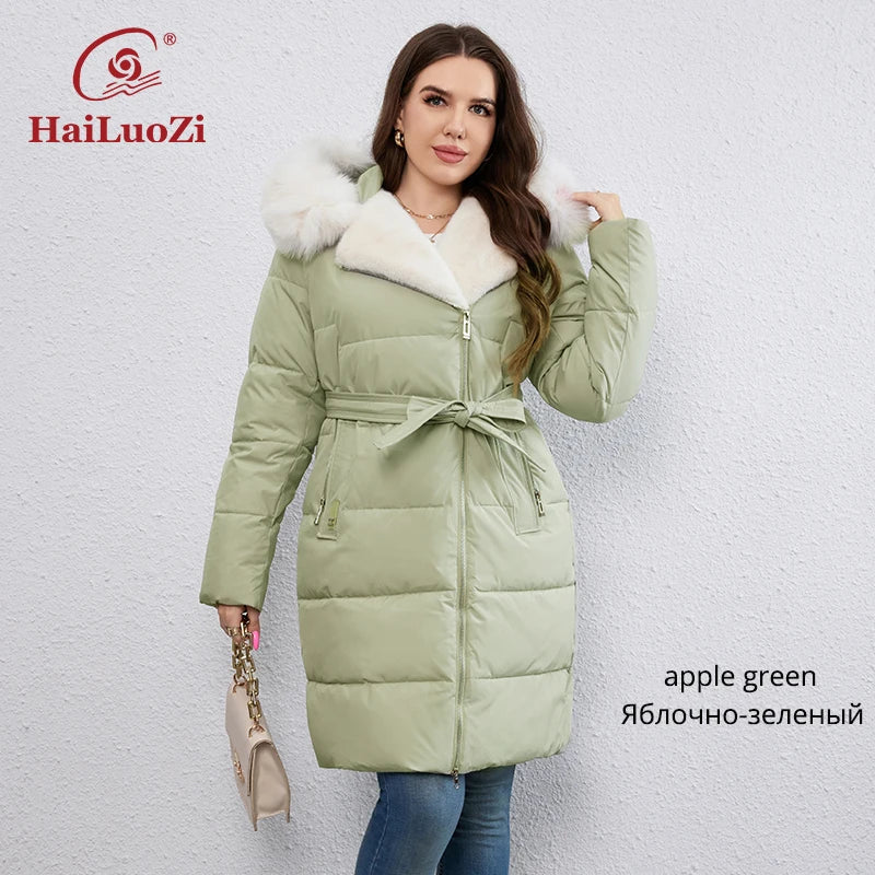 New Plus Size Winter Down Jacket for Women Long Cotton With Fur Belt Lapel Coat