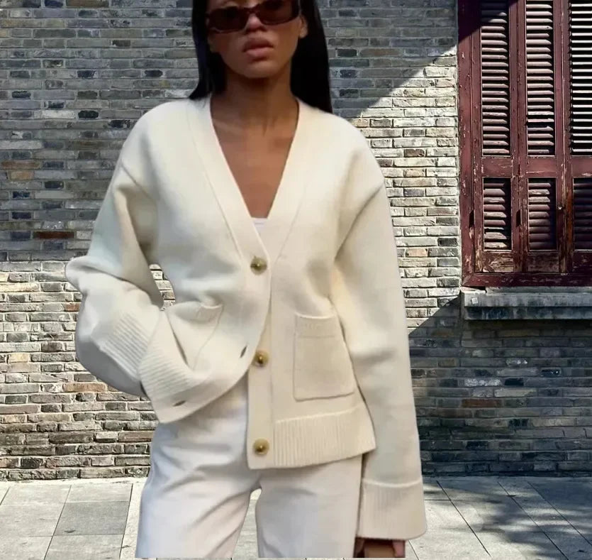 Autumn Women's Cropped Cardigans V-neck Knitted Sweater Coat Long Sleeve