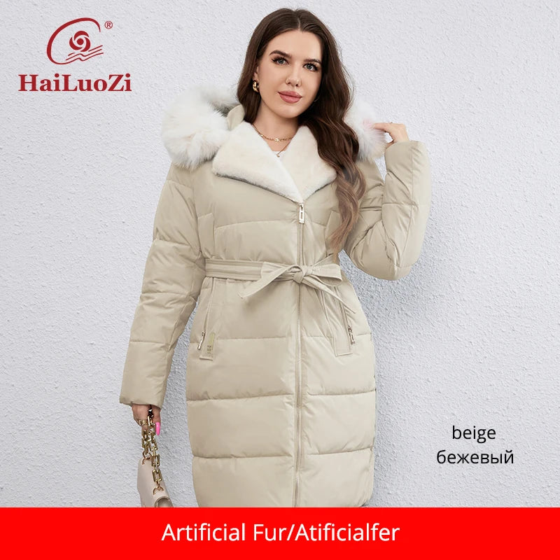 New Plus Size Winter Down Jacket for Women Long Cotton With Fur Belt Lapel Coat
