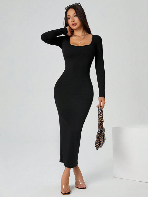 Ribbed Knit Bodycon Midi — Petite V-Neck Dress - View 6 | ARINZE