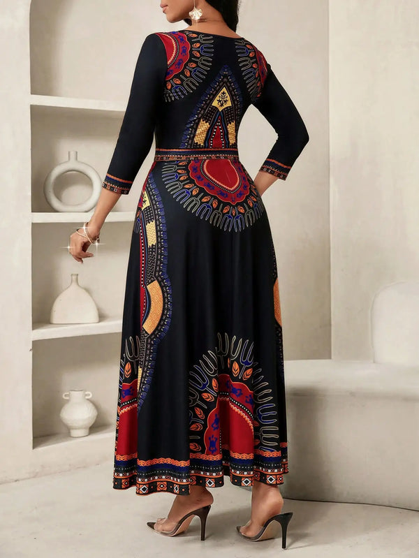 African Print V-Neck Maxi Dress - Detail View | ARINZE