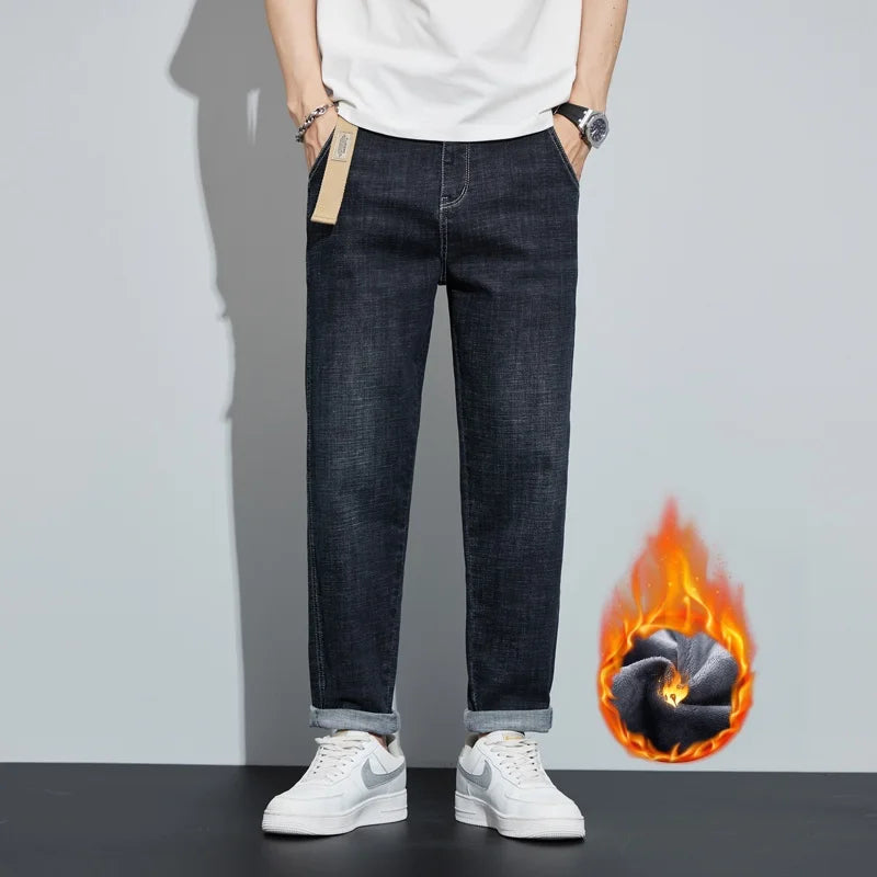 Winter Dark Blue Fleece Jeans for Men