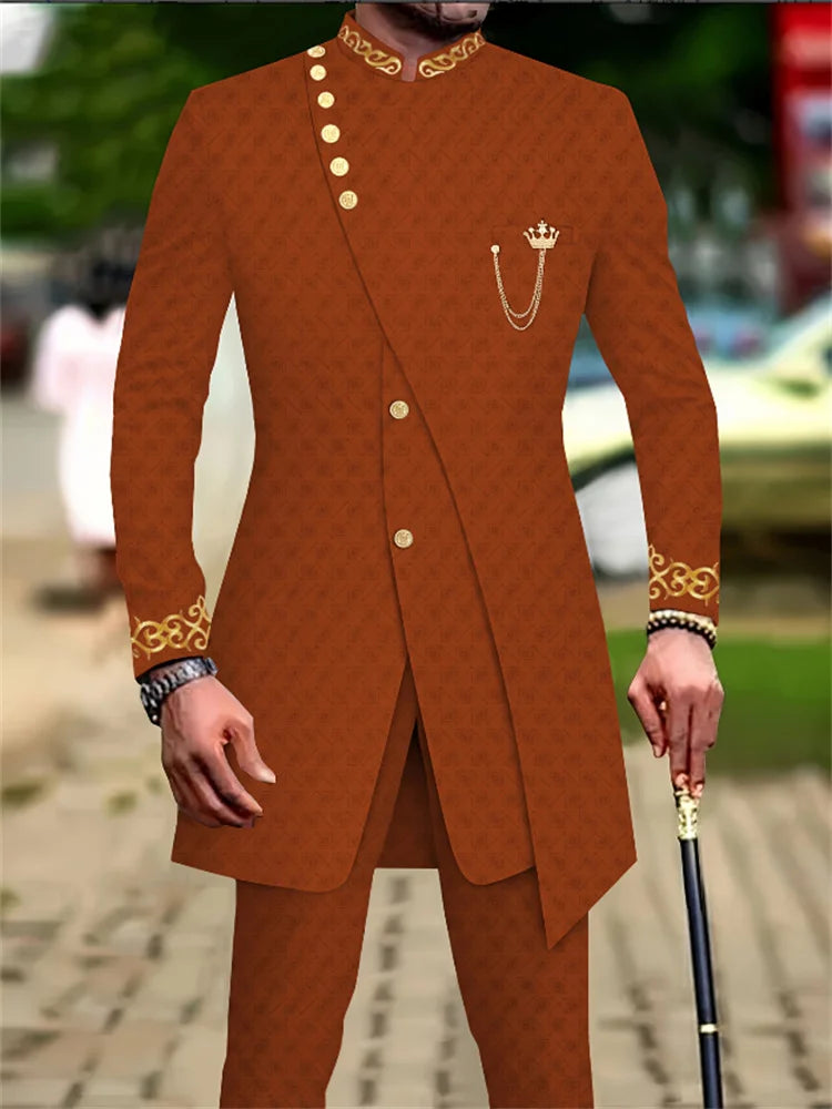 Men`s Suit Double Breasted Slim Fit Embroidery Chain Blazer and Pants Set