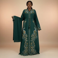 Emerald Green peacock embroidered boubou kaftan with matching shawl, worn by a model