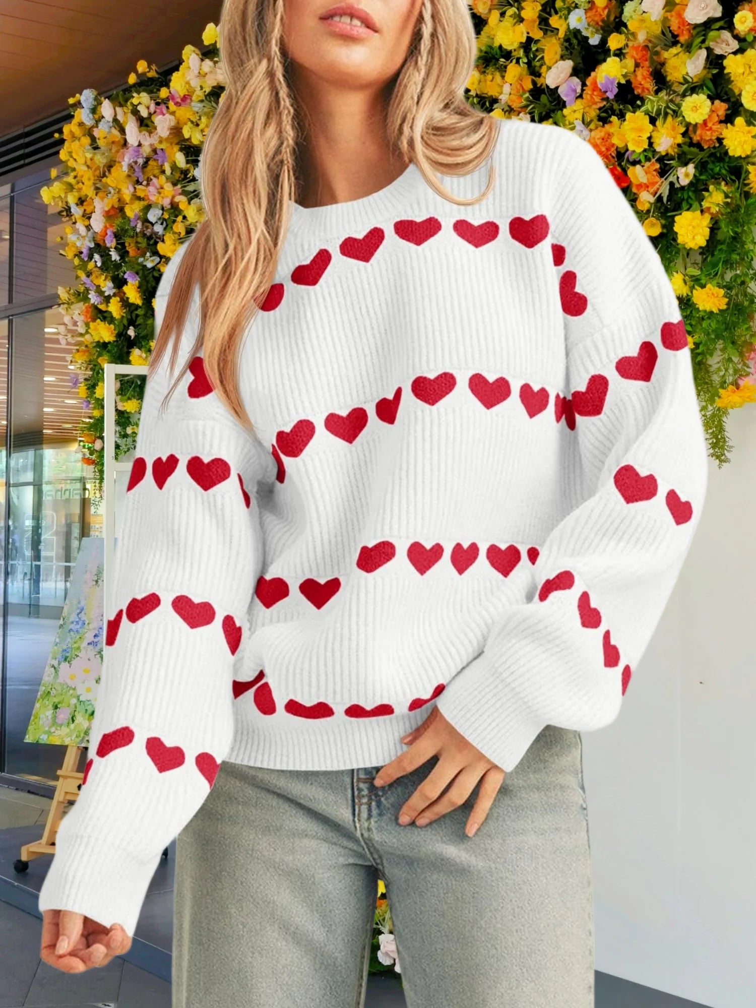 Women's Fall Winter Valentine Heart Striped Sweater