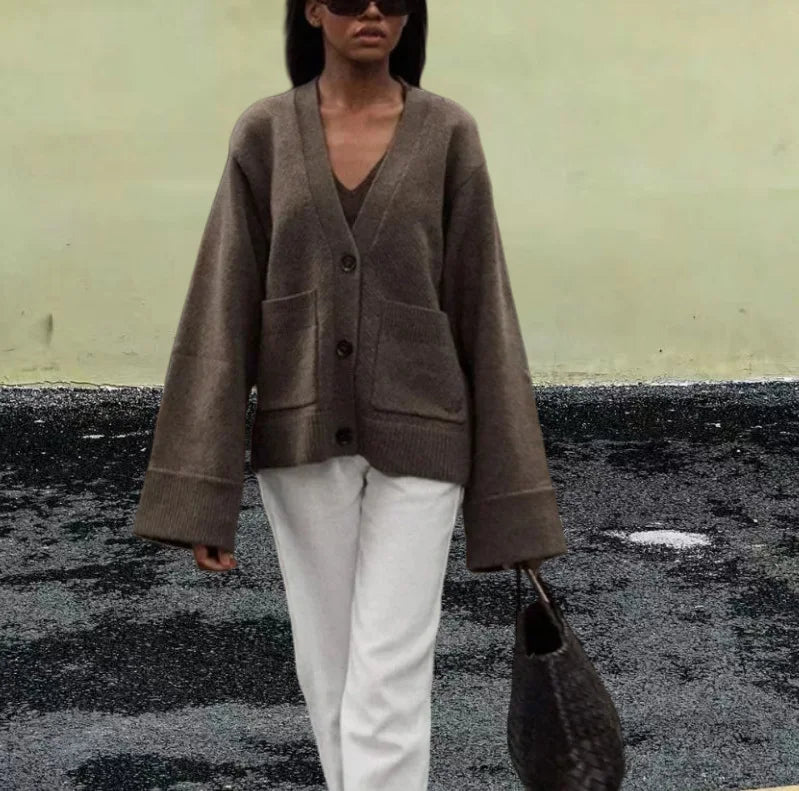 Autumn Women's Cropped Cardigans V-neck Knitted Sweater Coat Long Sleeve