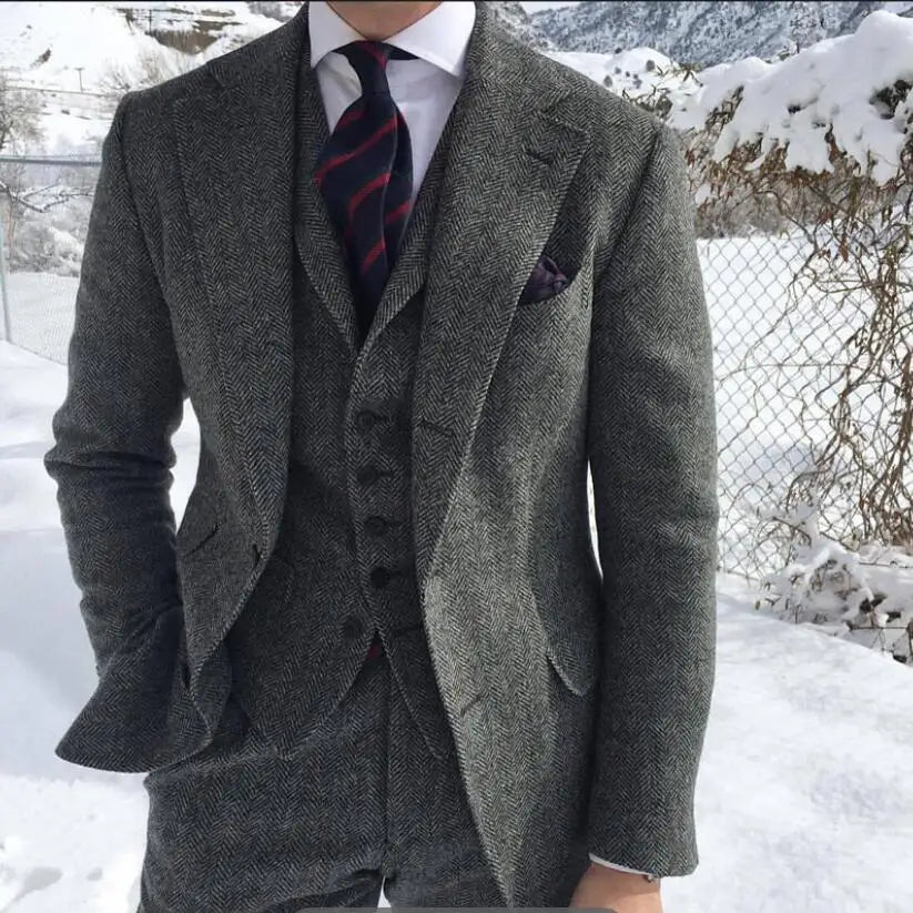 Gray Wool Tweed Winter Suit for Men