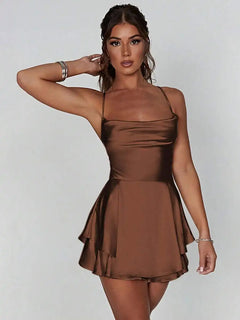 Brown Satin Slip Dress — Pleated Elegant Style - Detail View | ARINZE