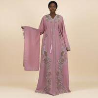 Rose Pink peacock embroidered boubou kaftan with matching shawl, worn by a model