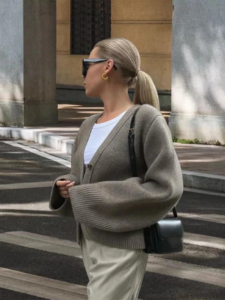 Autumn Women's Cropped Cardigans V-neck Knitted Sweater Coat Long Sleeve