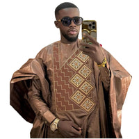 Men's Grand Bazin Agbada – Brown 3-Piece