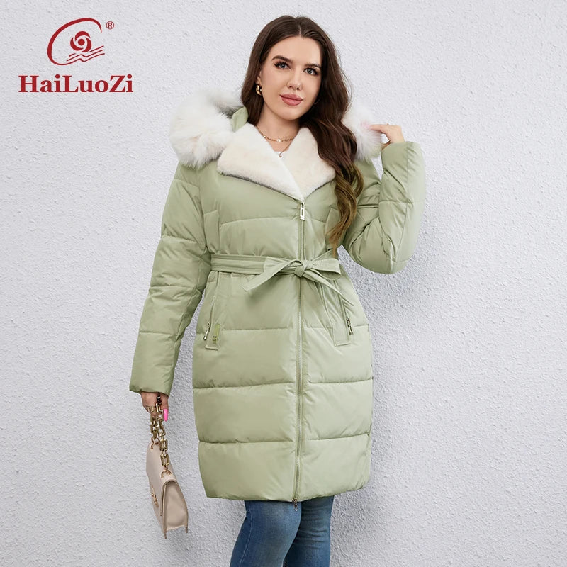 New Plus Size Winter Down Jacket for Women Long Cotton With Fur Belt Lapel Coat