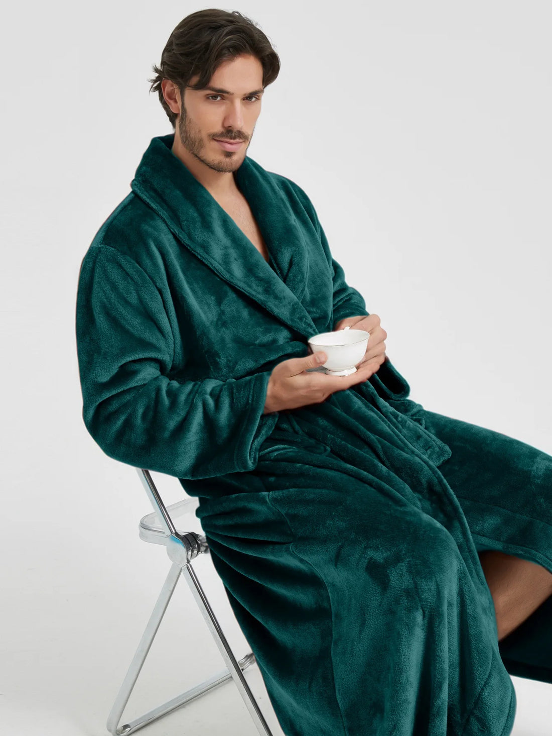 Male Lapel Coral Velvet Bathrobe Nightgown Lounge Homewear