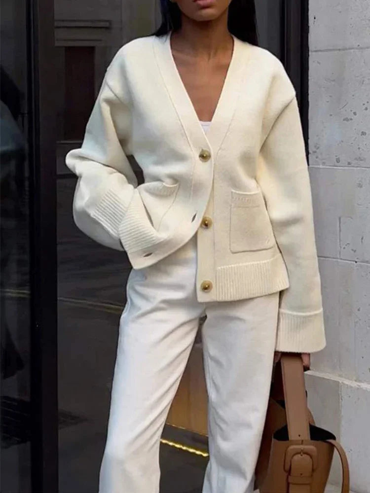 Autumn Women's Cropped Cardigans V-neck Knitted Sweater Coat Long Sleeve