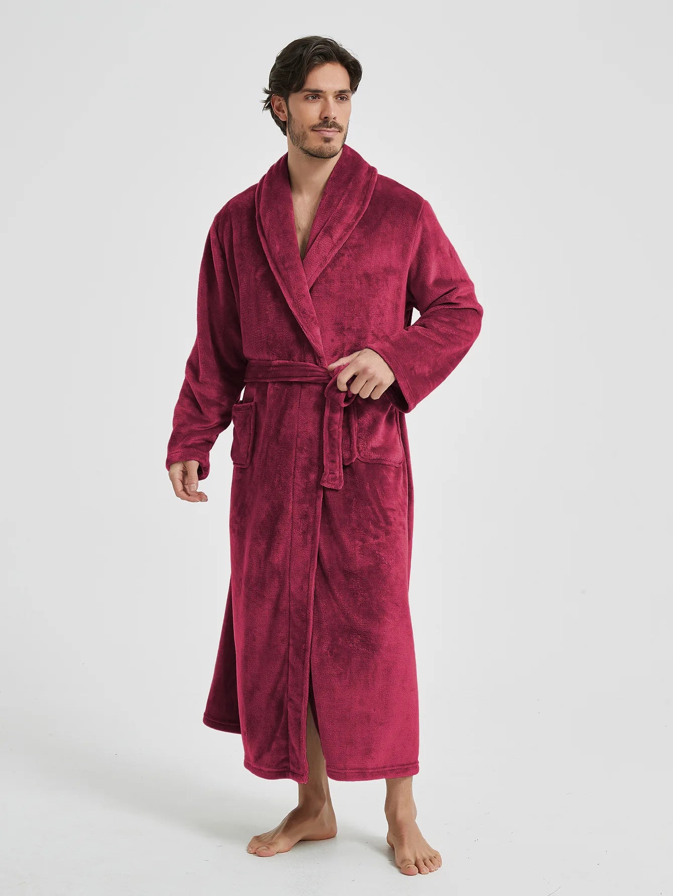 Male Lapel Coral Velvet Bathrobe Nightgown Lounge Homewear