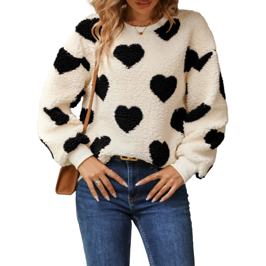Women Sweatshirt Long Sleeve Crew Neck Furry Heart Hoodie Pullover Fall Casual Tops