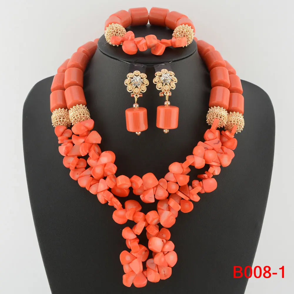 Red Coral Bead Jewelry Set - Front View | ARINZE
