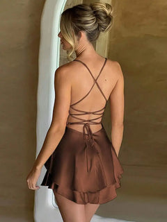 Brown Satin Slip Dress - Detail View | ARINZE